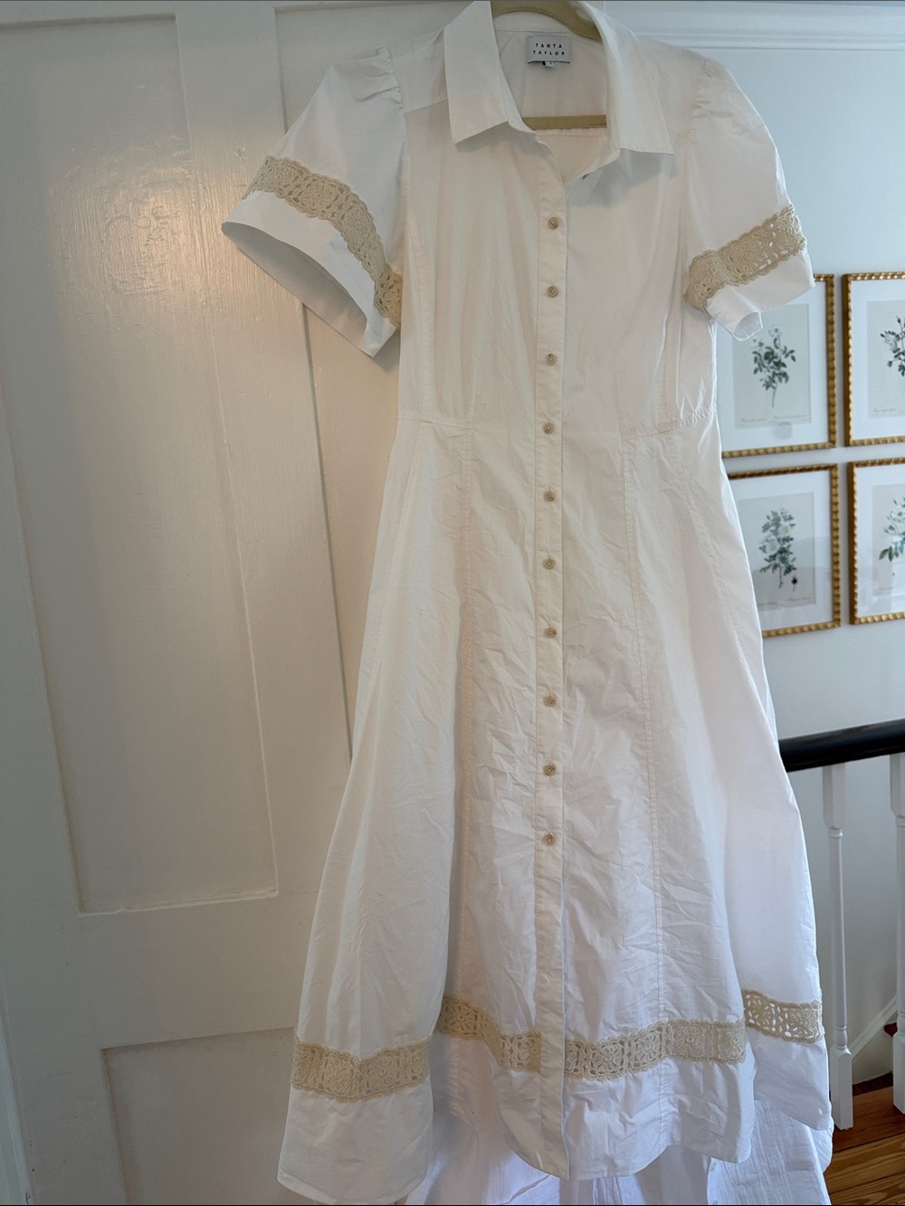 Tanya Taylor 8 White Button-Front Cotton Dress with Lace crochet Trim
